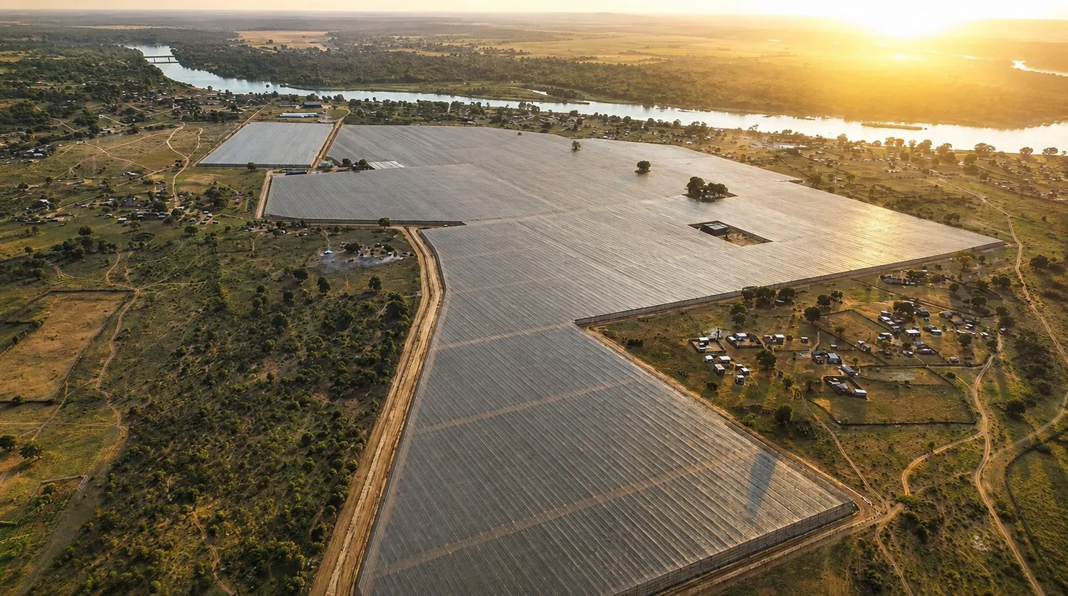 Luftaufnahme der Farm von Namibia Berries bei Sonnenuntergang am Okavango in Divundu