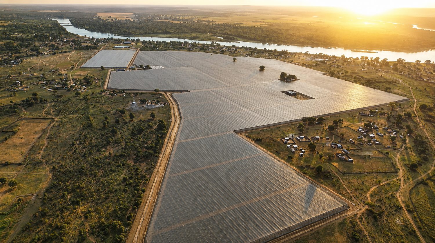 Aerial view at sunset of the Namibia Berries farm beside the Okavango River at Divundu