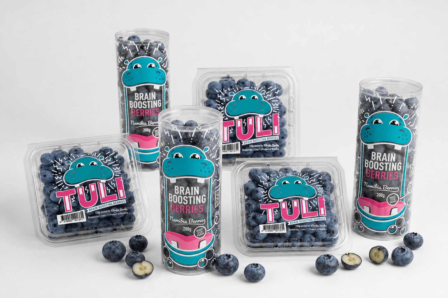 The Namibia Berries Tuli range - premium blueberries in 125g clamshells and 200g tubes